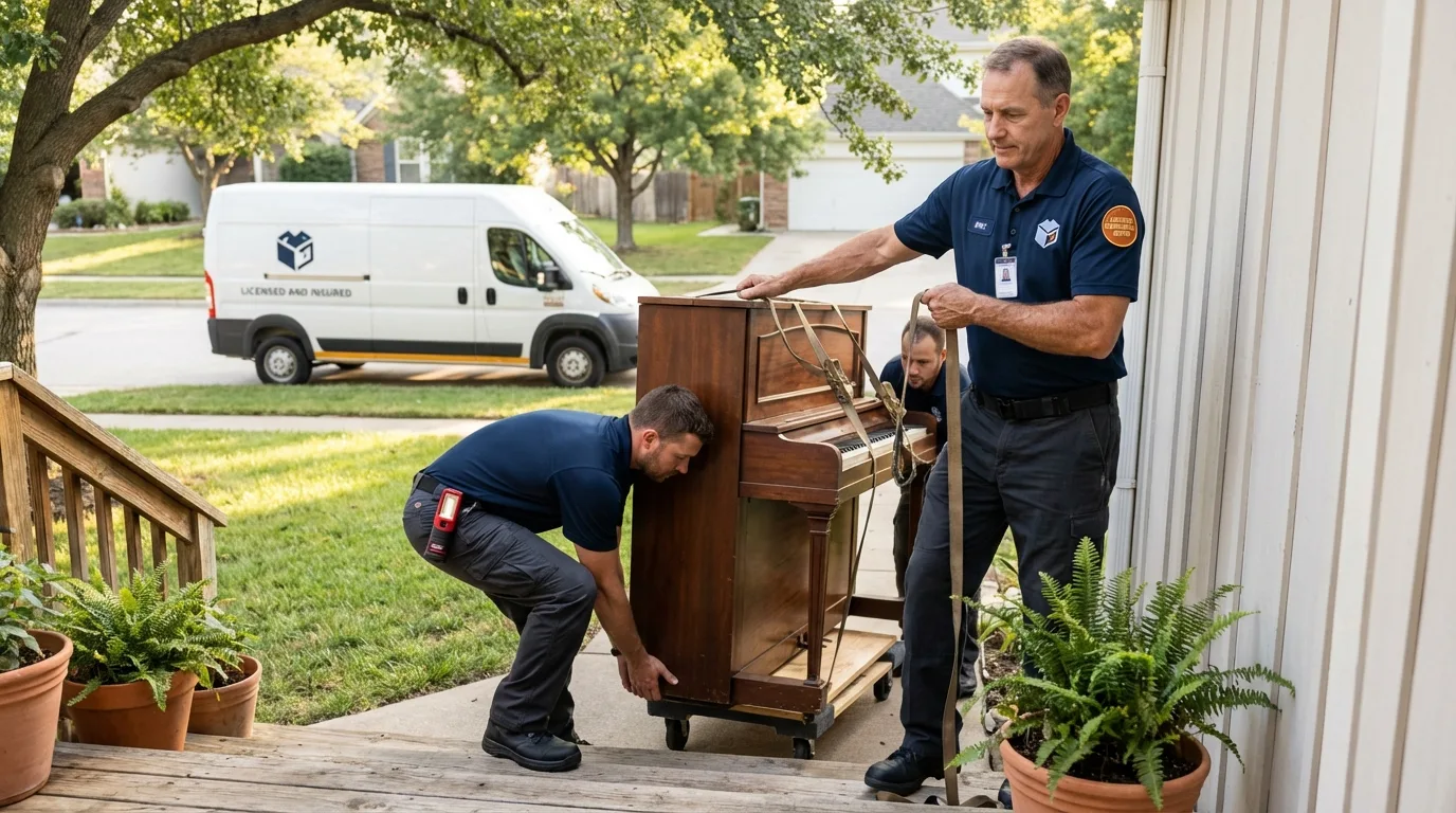 Licensed piano movers securing grand piano in Huguenot, NY