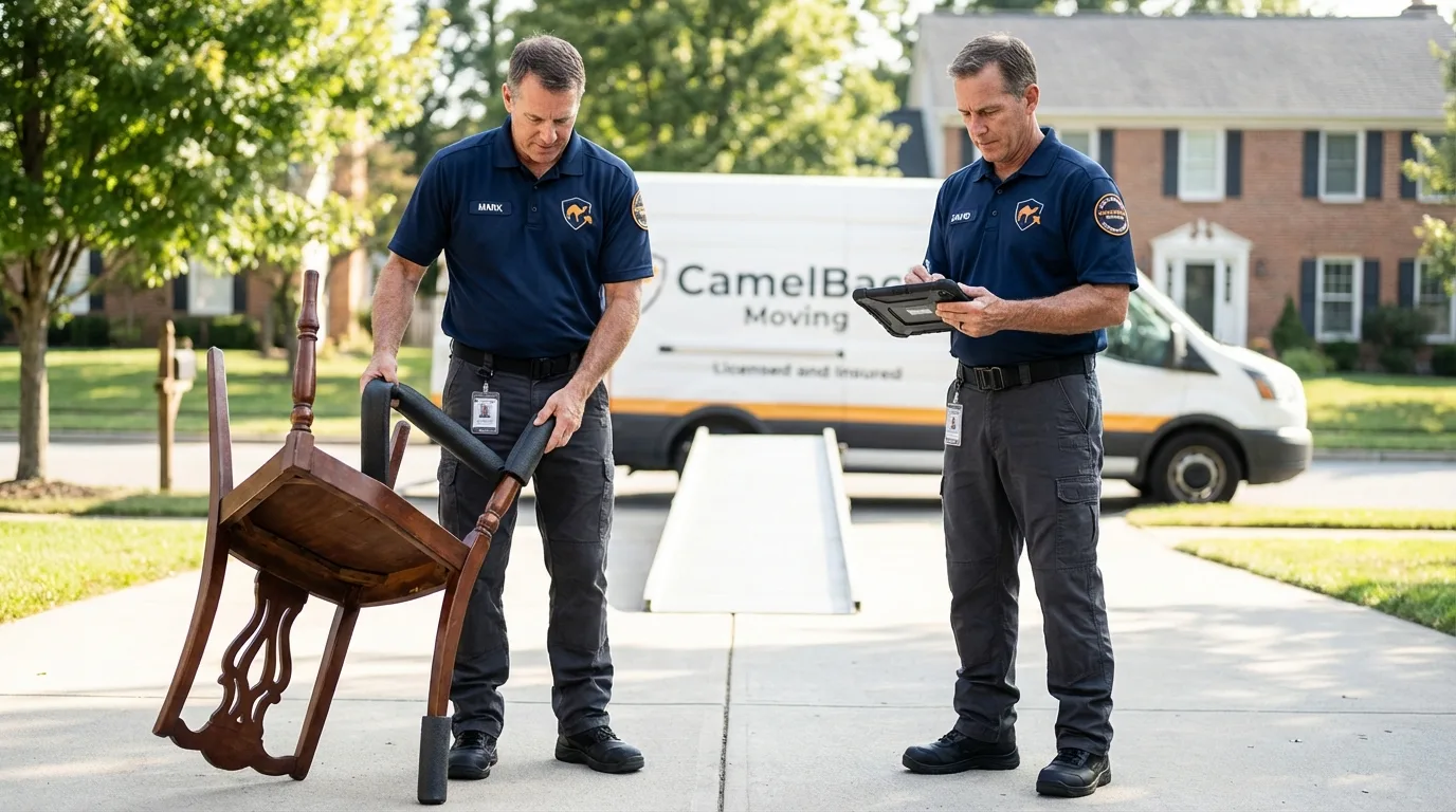 Movers inspecting furniture for damage prevention before loading in Huguenot, NY