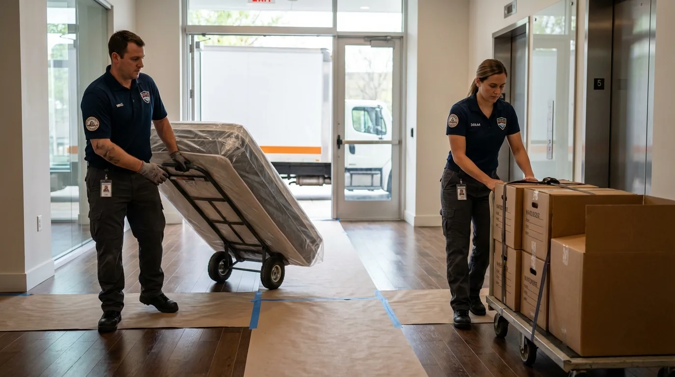Professional apartment movers loading elevator in Huguenot, NY
