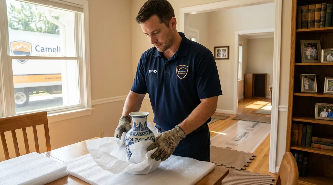 Professional crew carefully wrapping antique vase for senior downsizing move in Huguenot, NY