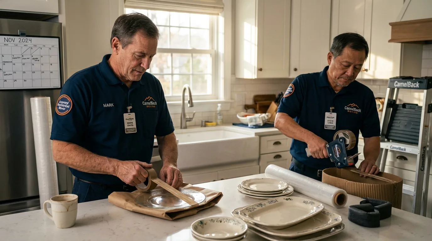 Professional crew packing kitchen dishware in Huguenot, NY